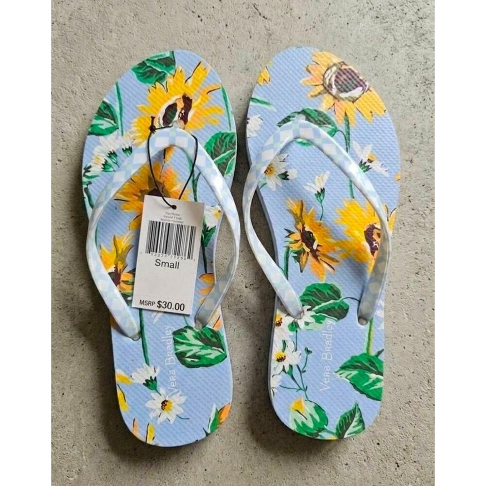 New Vera Bradley Flip Flops "Sunflower Sky" Floral Pattern Sandals Women's Size